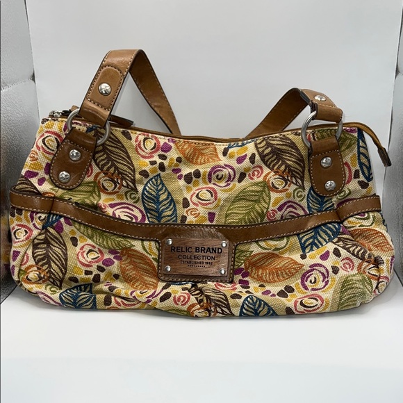 Relic Tan and Multicolor Leaf Pattern Shoulder Bag - Picture 1 of 9